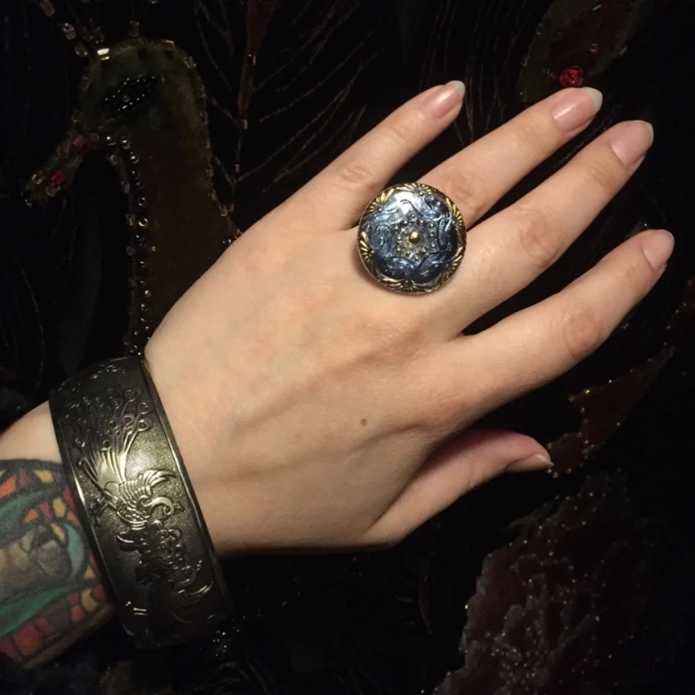Blue Czech Glass Button Gold Filled Wire Ring